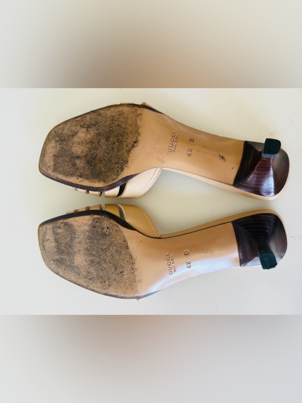 VTG Vintage 90s 00s, GUCCI Tan Nude Leather Slip-On Heeled Sandal Mules Kitten - Picture 4 of 5